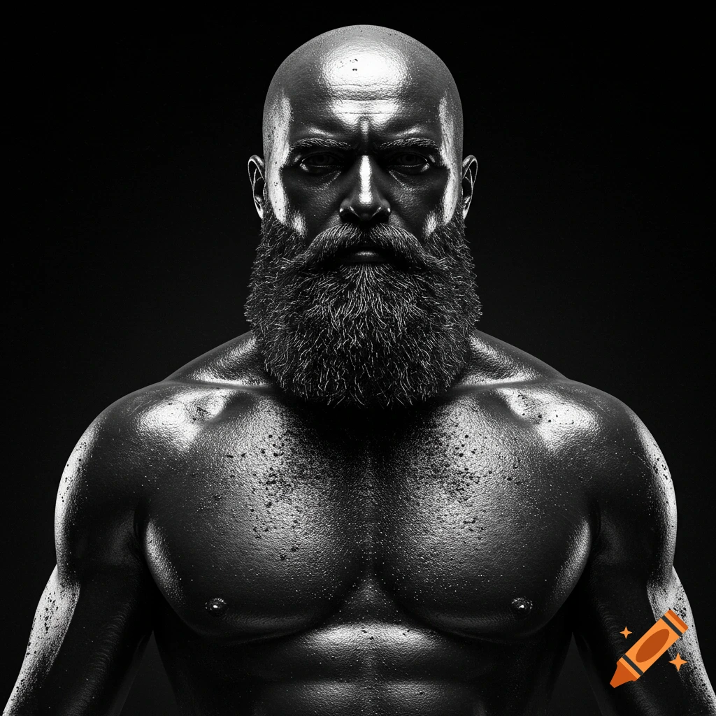 Black and white portrait of a muscular, bald man with a beard and shiny, metallic skin.