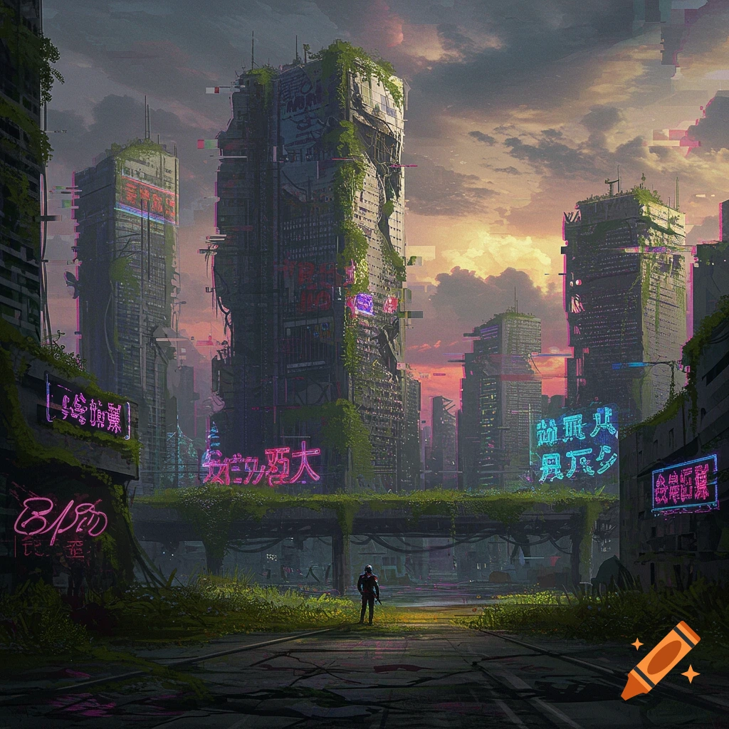 An apocalyptic futuristic city with overgrown buildings, neon signs, and glitching effects, with a lone figure standing in the foreground.