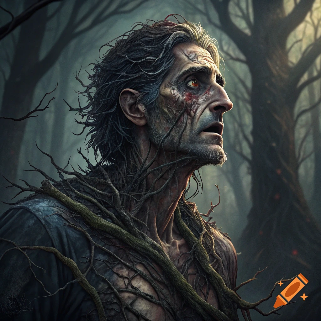 A man's face and upper body are covered in vines in a dark forest, looking up. He has a zombie-like appearance.