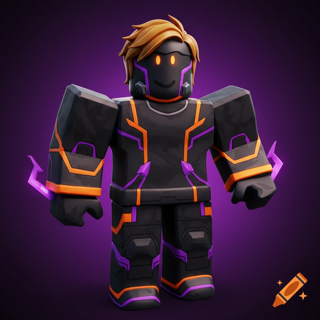 Stylized blocky character in black and orange suit with purple accents on purple background.