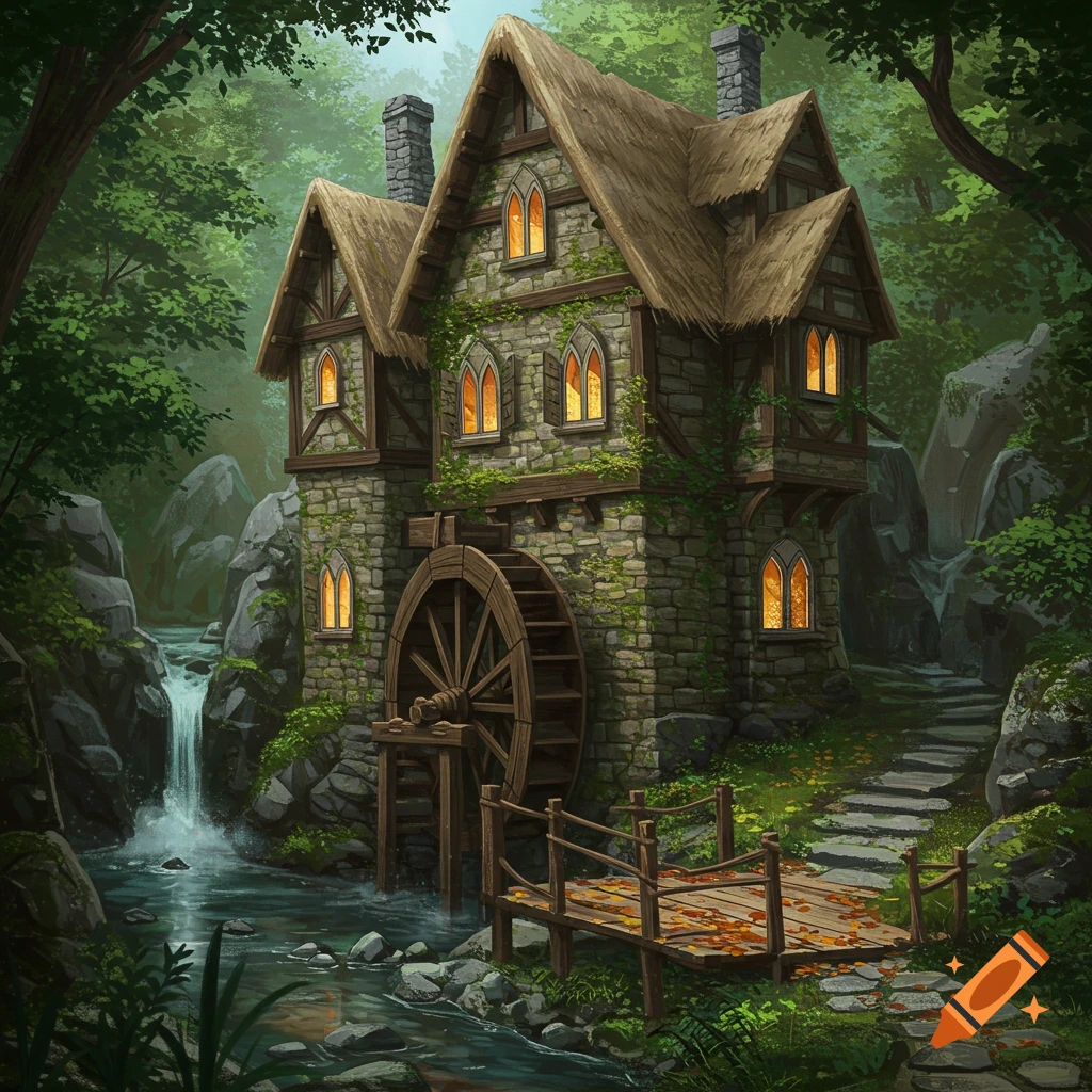 Fantasy stone water mill with a thatched roof and glowing windows by a stream and waterfall in a lush forest.