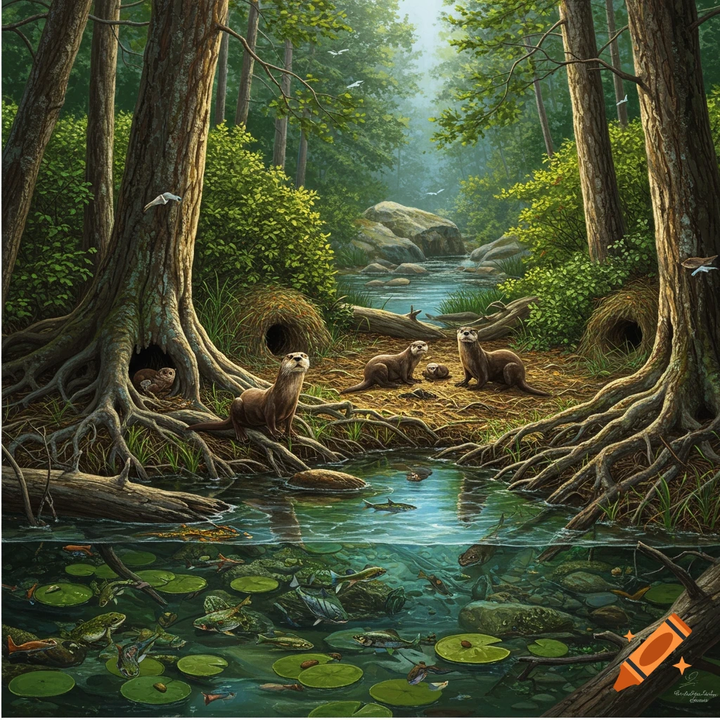 Illustration of river otters and other animals in a forest habitat with a split view showing underwater life.