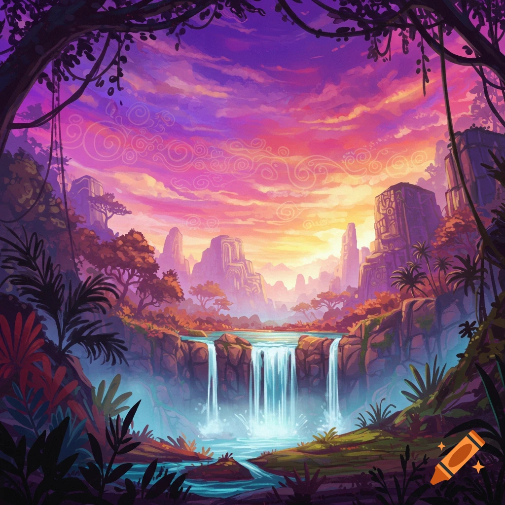 Vibrant fantasy landscape of waterfalls cascading into a stream, framed by jungle foliage and ruins under a colorful sunset sky.