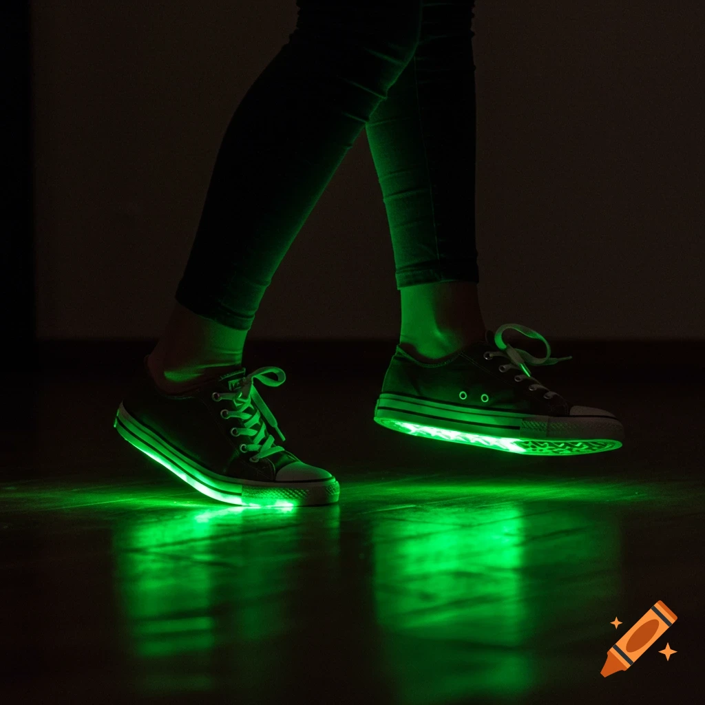 Close up of legs wearing black shoes glowing with green light, walking on a reflective floor in the dark.