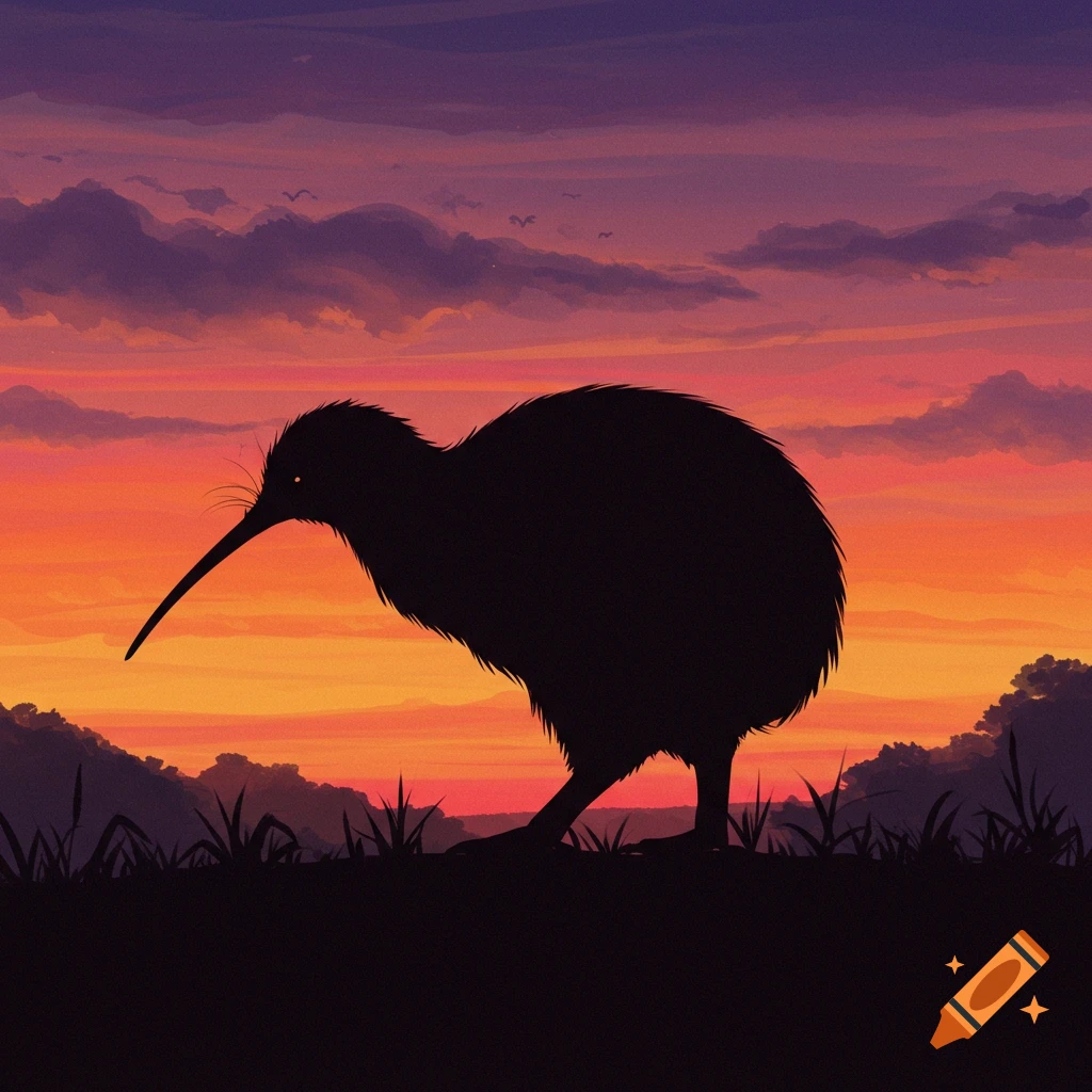 Silhouette of a kiwi bird standing against a vibrant orange and purple sunset.