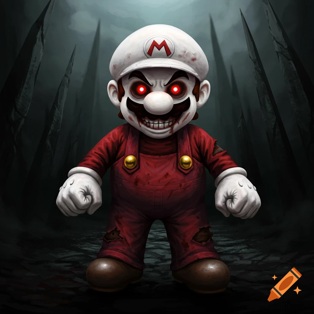 An evil zombie-like Mario with red eyes and sharp teeth, standing in a dark forest.