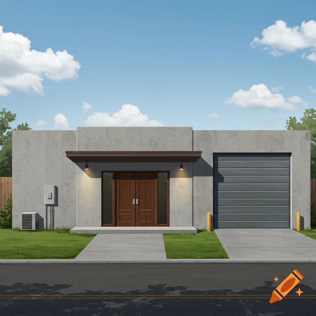 A modern building with a garage, front door, and AC unit under a cloudy sky.
