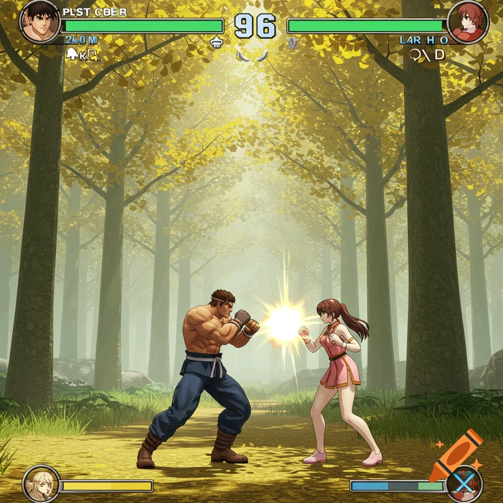 Two anime-style characters fight in a forest, like a video game screenshot.