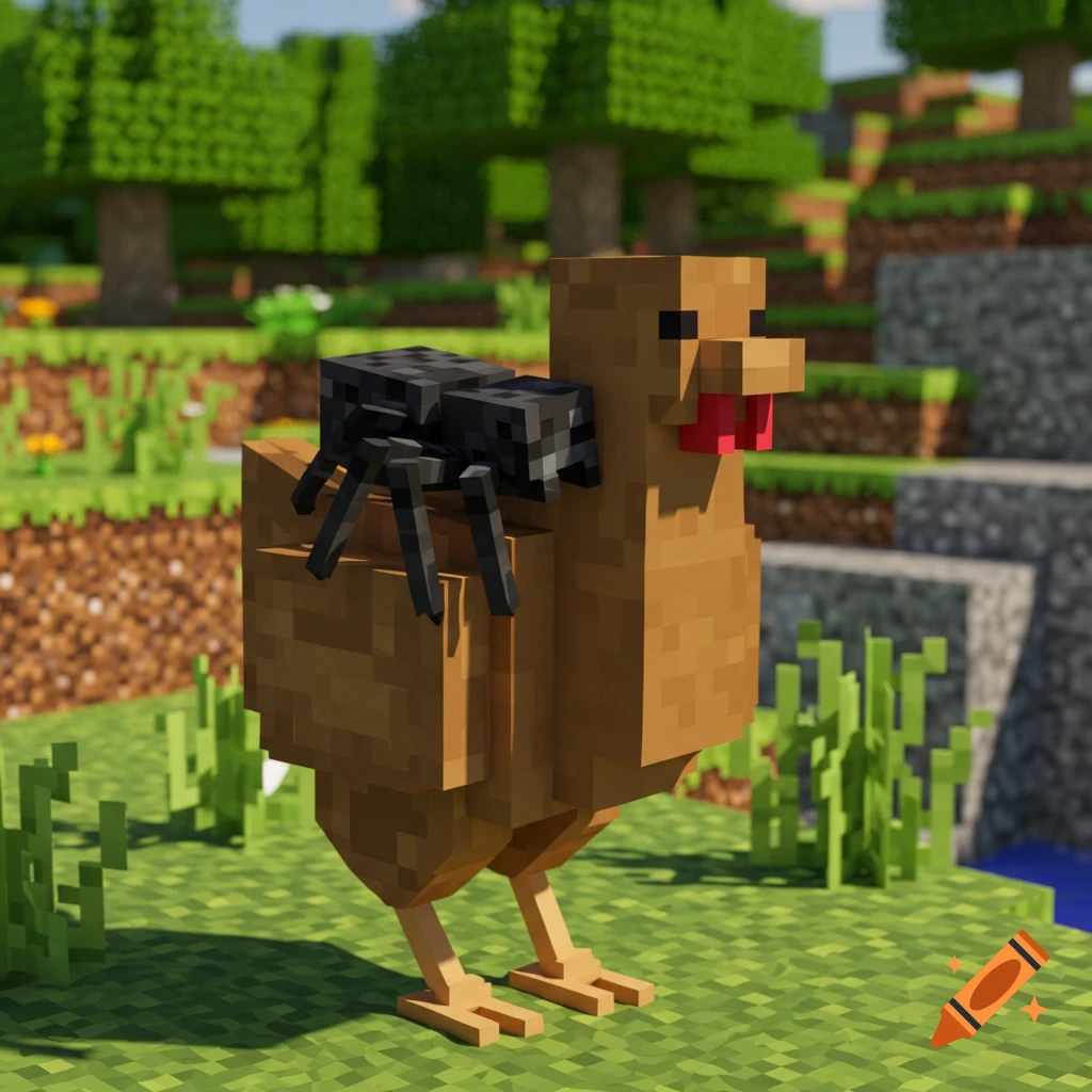 A Minecraft spider rides on the back of a Minecraft chicken in a blocky landscape.