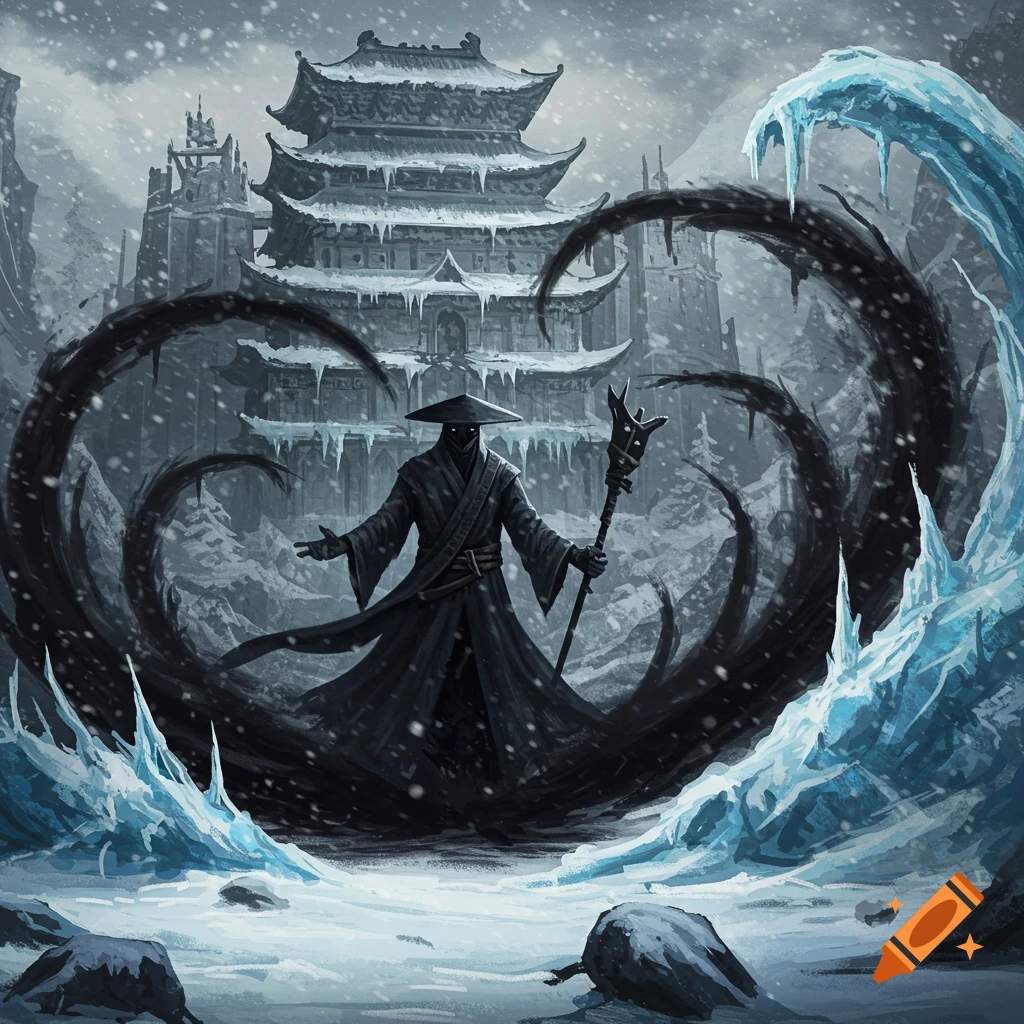 A robed figure with a staff stands amidst black tendrils and ice, a snowy building in the background.