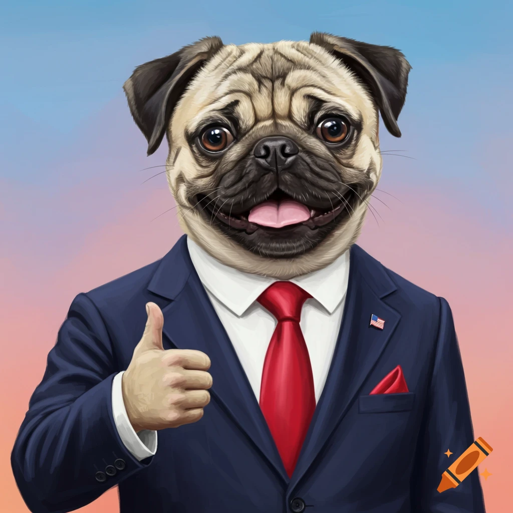 A pug dog wearing a suit and red tie is giving a thumbs up.
