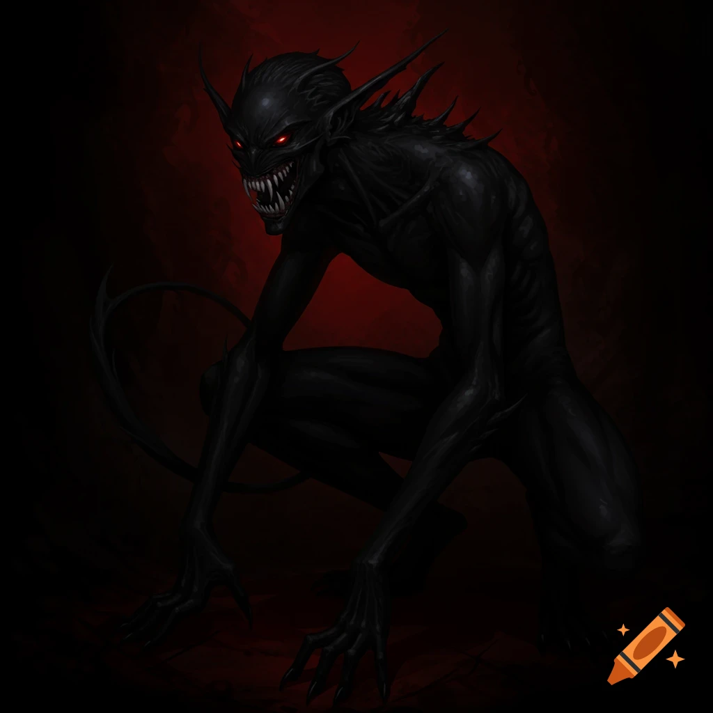 A sinister black creature with red eyes and fangs crouches in shadows.