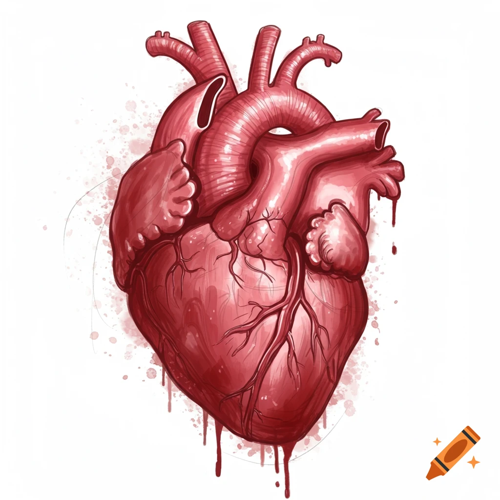 Digital illustration of a red anatomical heart with dripping blood.