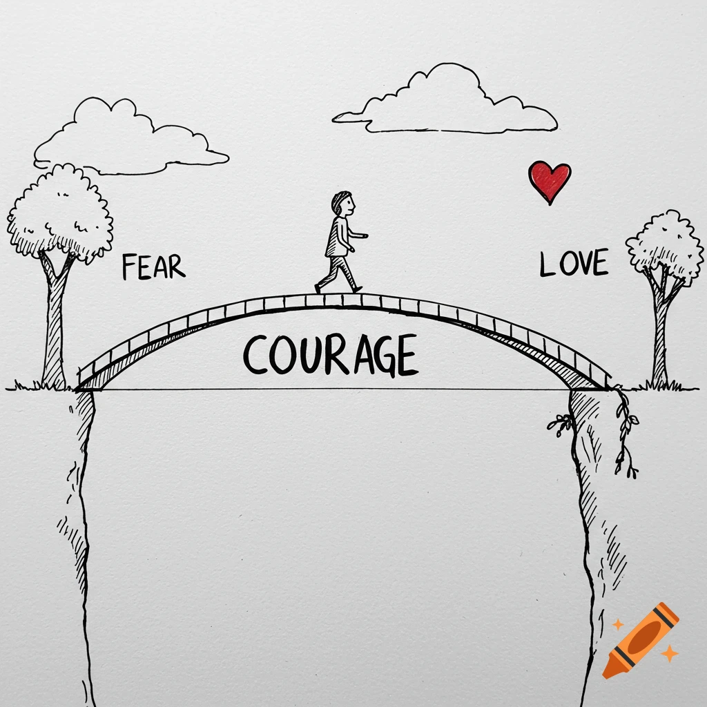 Sketch of a person walking across a bridge labeled COURAGE from land labeled FEAR to land labeled LOVE, with a red heart.