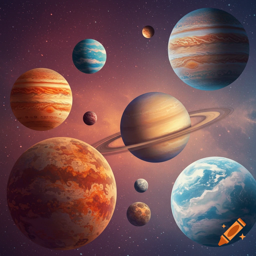 Multiple colorful planets in space.