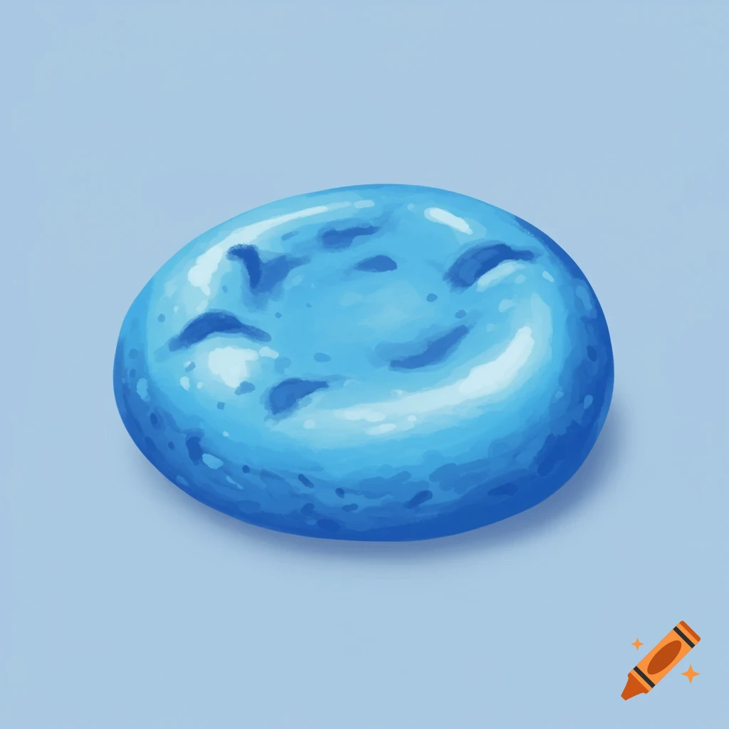 A simple blue blob or cookie with face-like indentations.