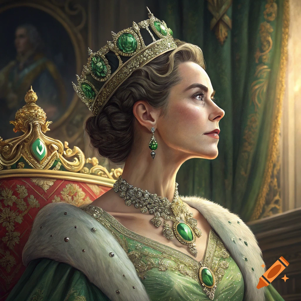 A woman wearing a crown with green jewels and an elaborate necklace sits on a throne in a regal portrait.