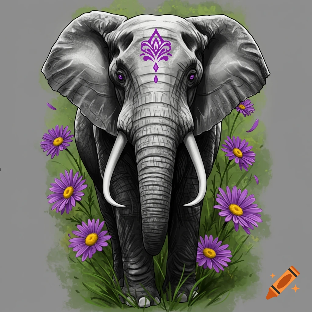 Black and white elephant tattoo with purple eyes and daisies on Craiyon