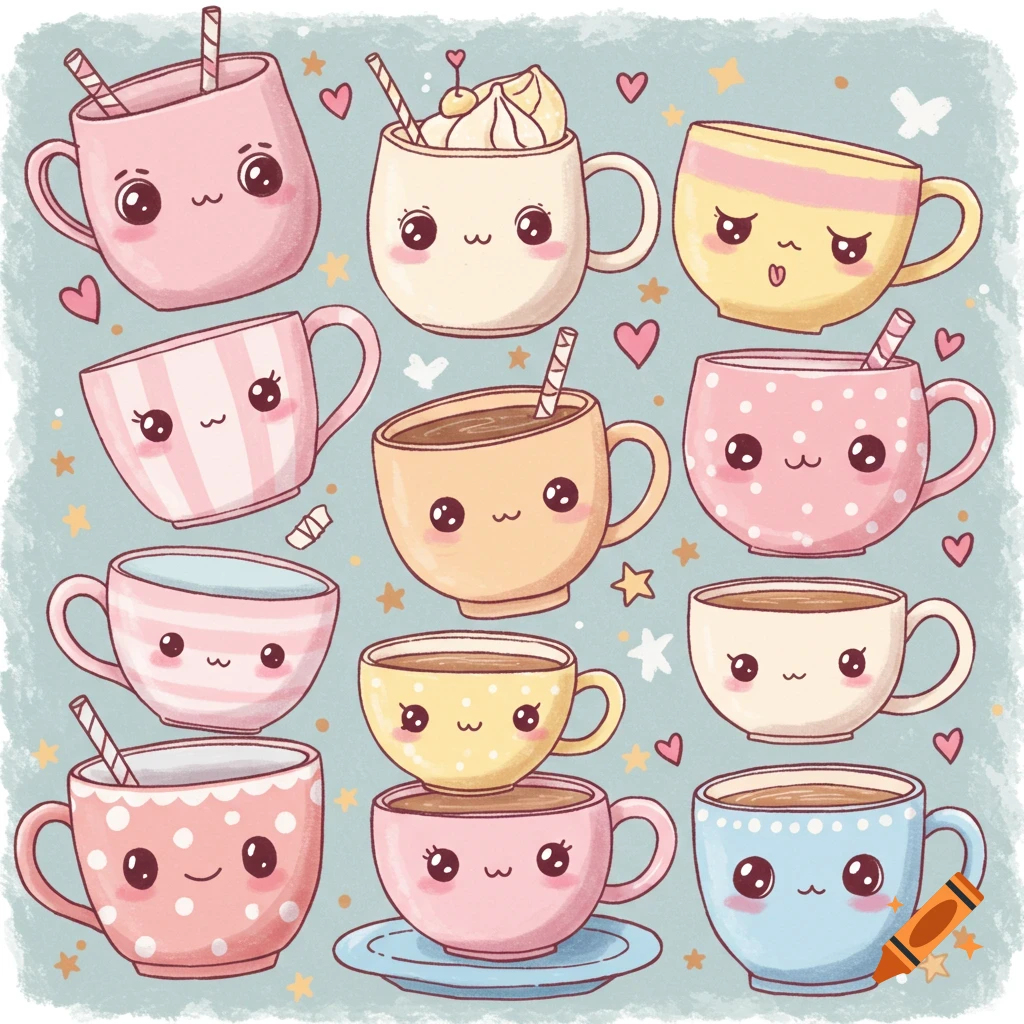 Cute cartoon mugs and cups with faces in a pattern.