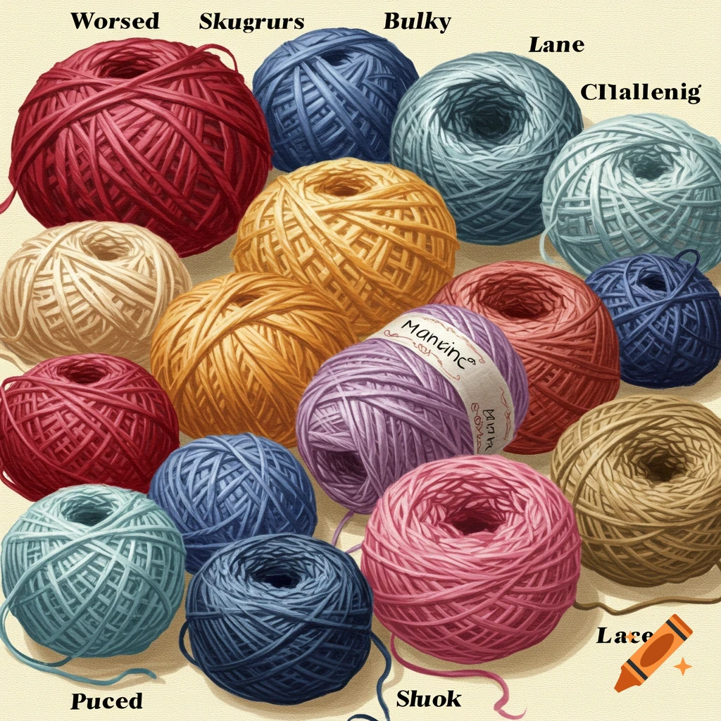 Multiple colorful balls of yarn, some with labels.