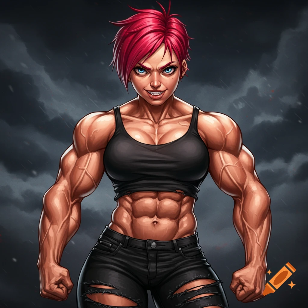 A muscular woman with red hair and an intense expression stands with clenched fists.