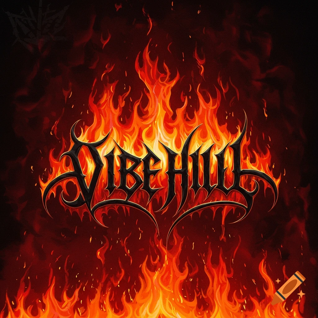 Stylized gothic text VIBE HILL over a background of digital flames.