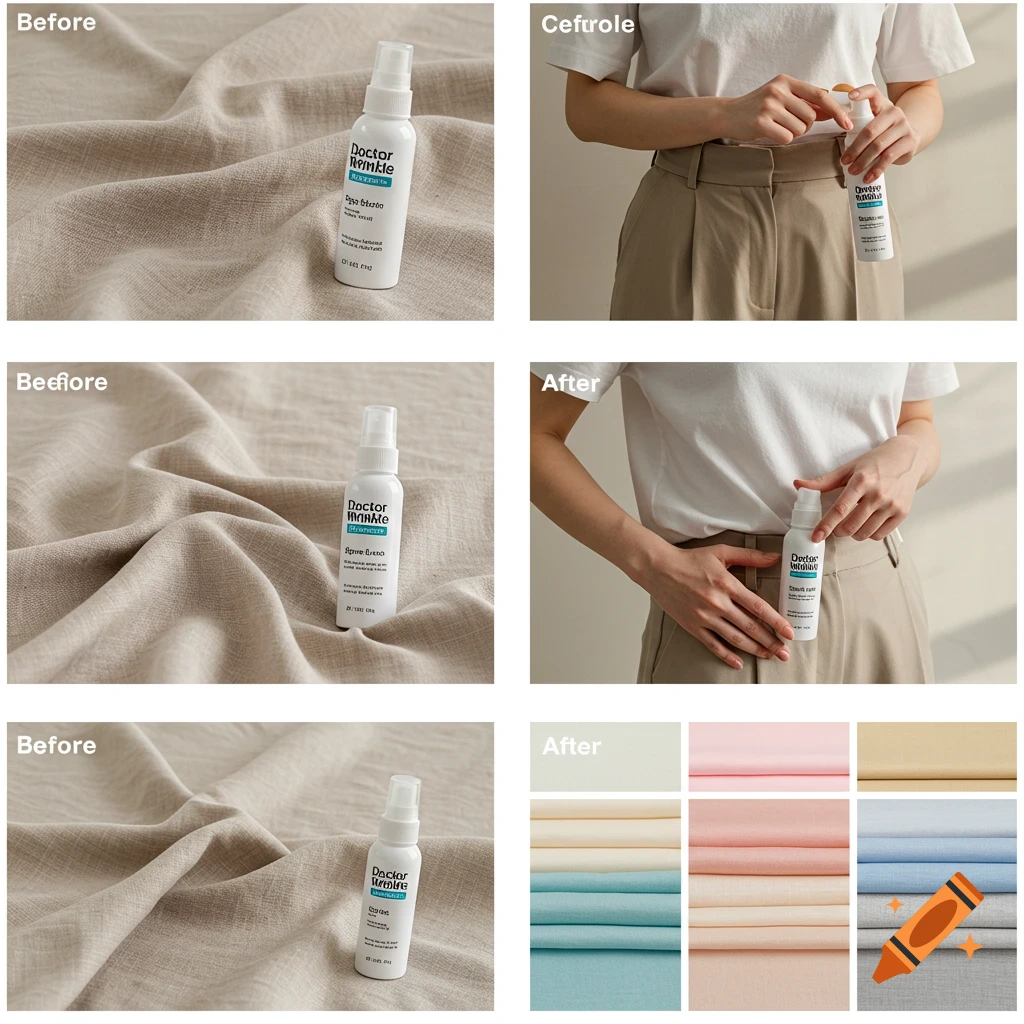 Advertising collage for Doctor Wrinkle spray showing bottle, fabric textures, person using product, and color swatches.