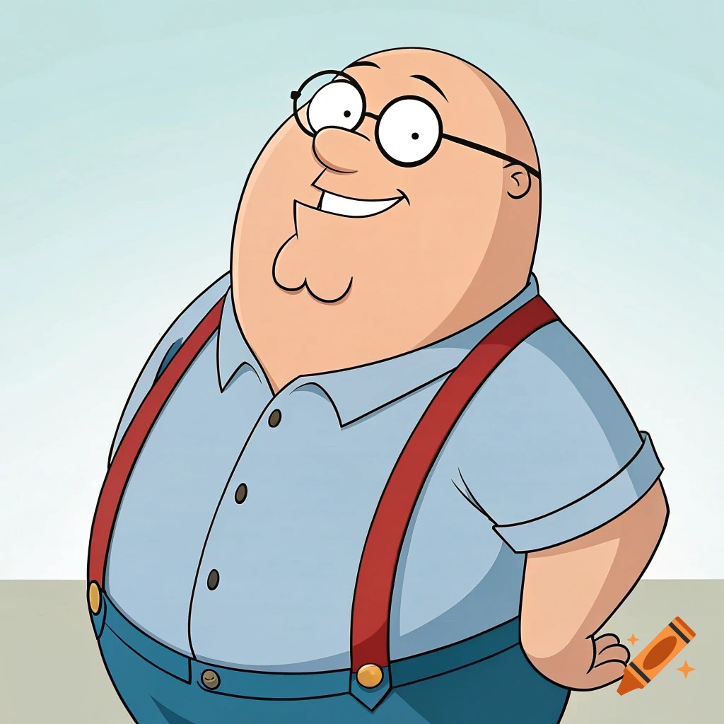 A cartoon man resembling Peter Griffin, bald, wearing glasses, a blue shirt, and red suspenders, smiling.