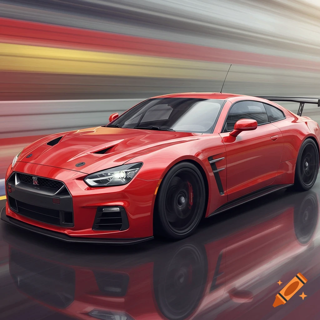 A red sports car races down a track with motion blur.