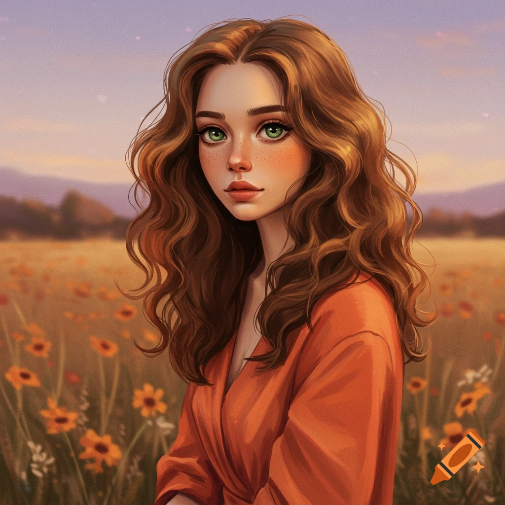 A woman with long brown hair and green eyes in a field of flowers.