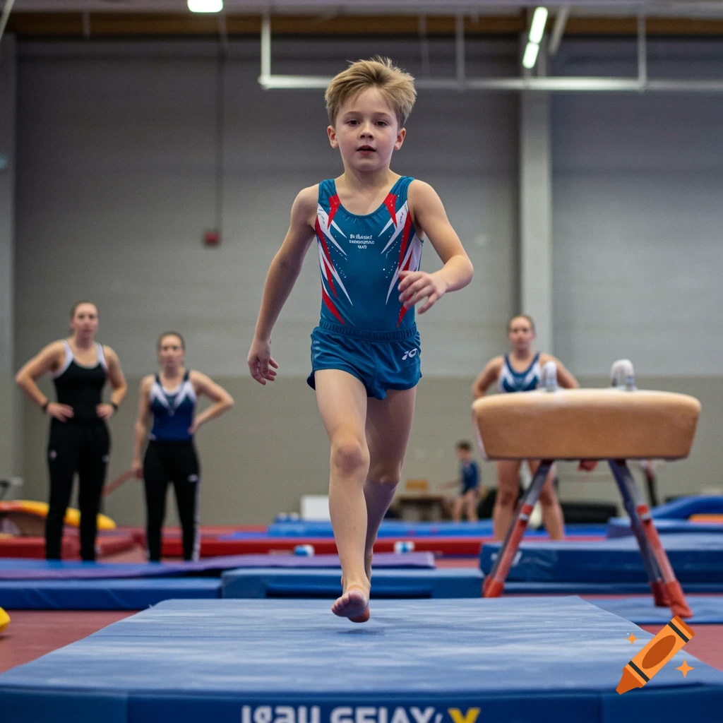 A young boy runs on a mat in a gymnastics gym, preparing for a vault. Coaches are in the background.