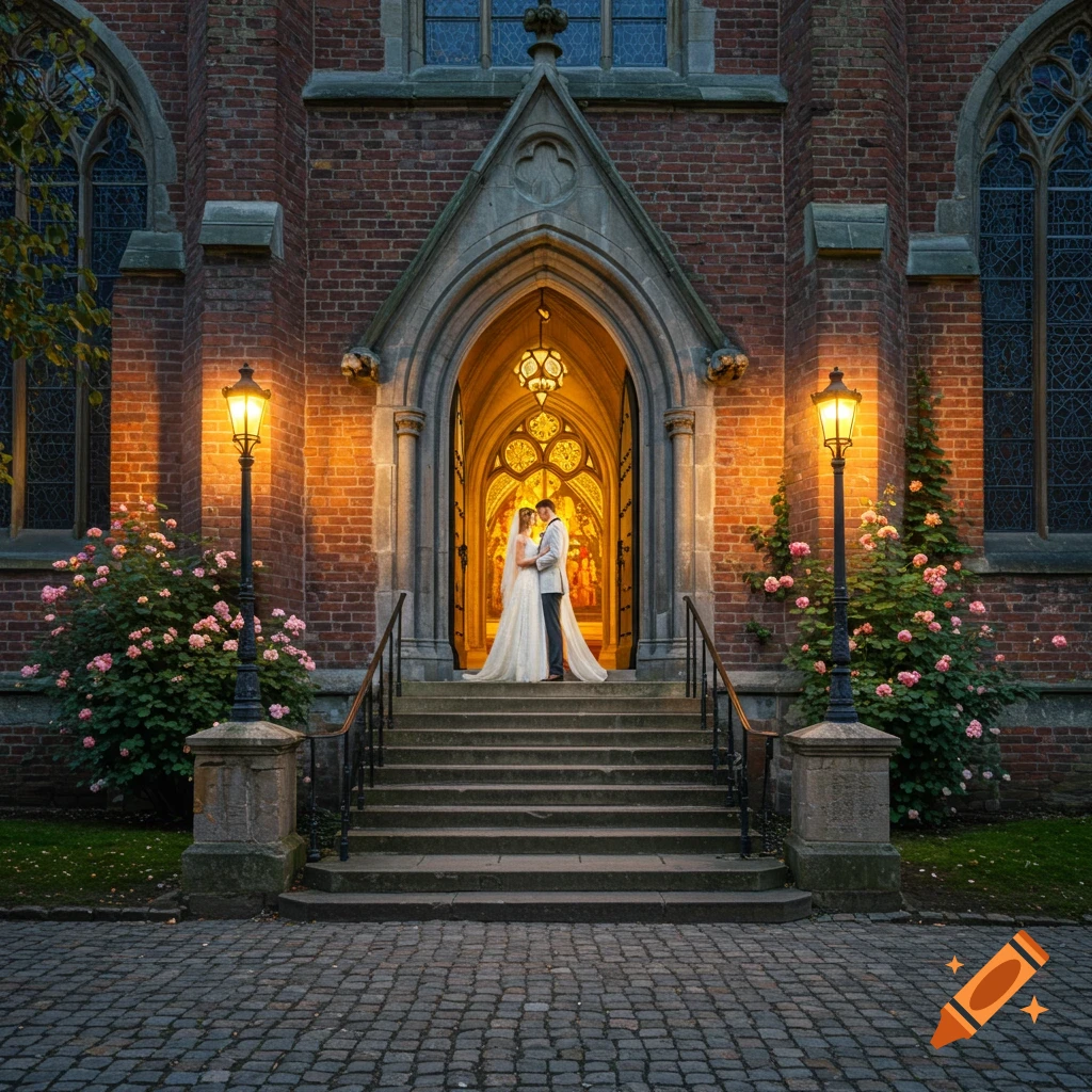 Bride and groom stand in arched church doorway, illuminated from within, with stairs, lamps, and roses.