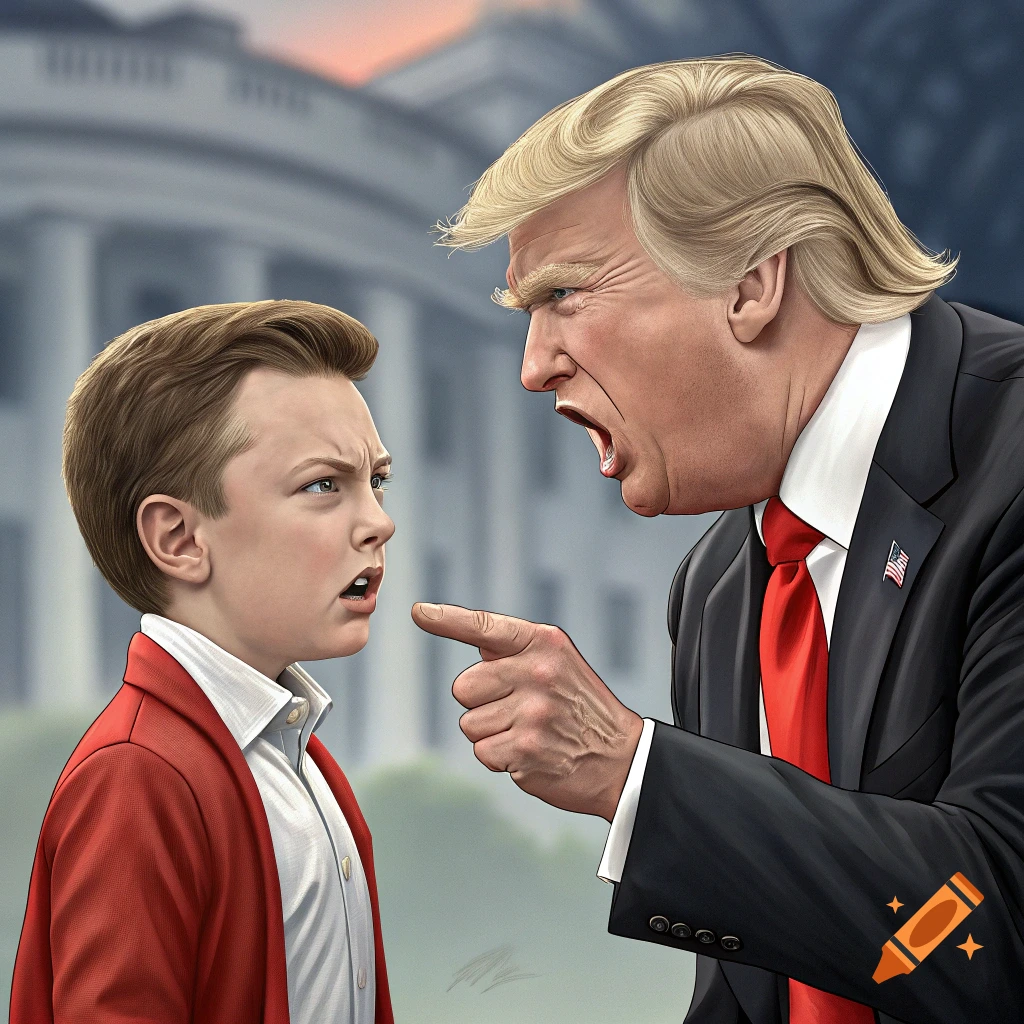 Illustration of a Trump-like figure yelling and pointing at a surprised child in front of the White House.