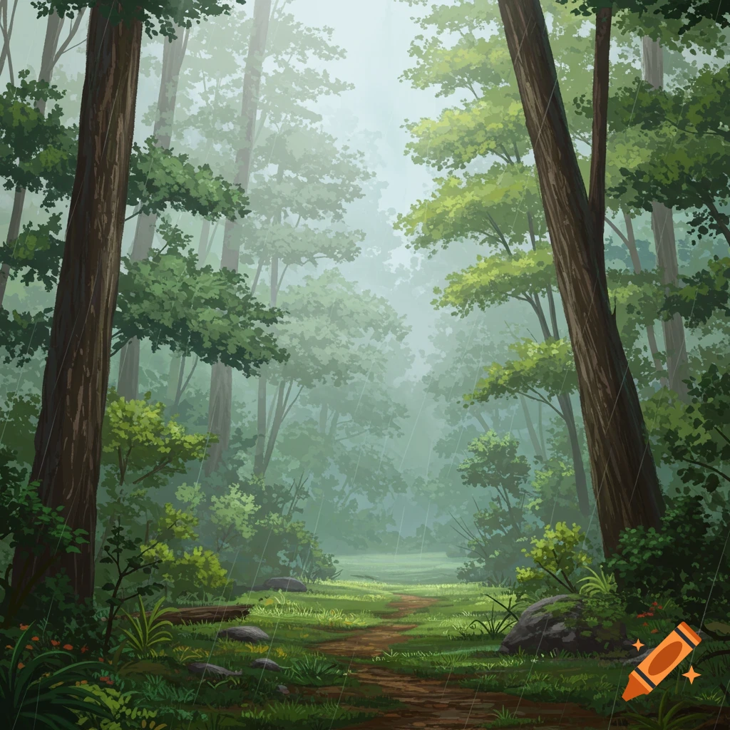 A forest path in the rain.