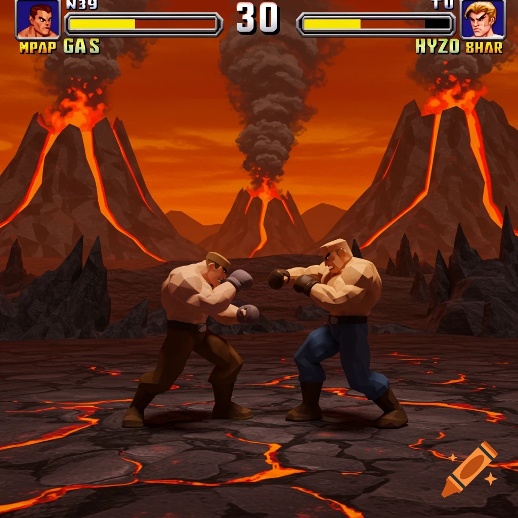 Two low-poly fighters in a volcanic arena with fighting game UI, in a PS1-era 3D style.