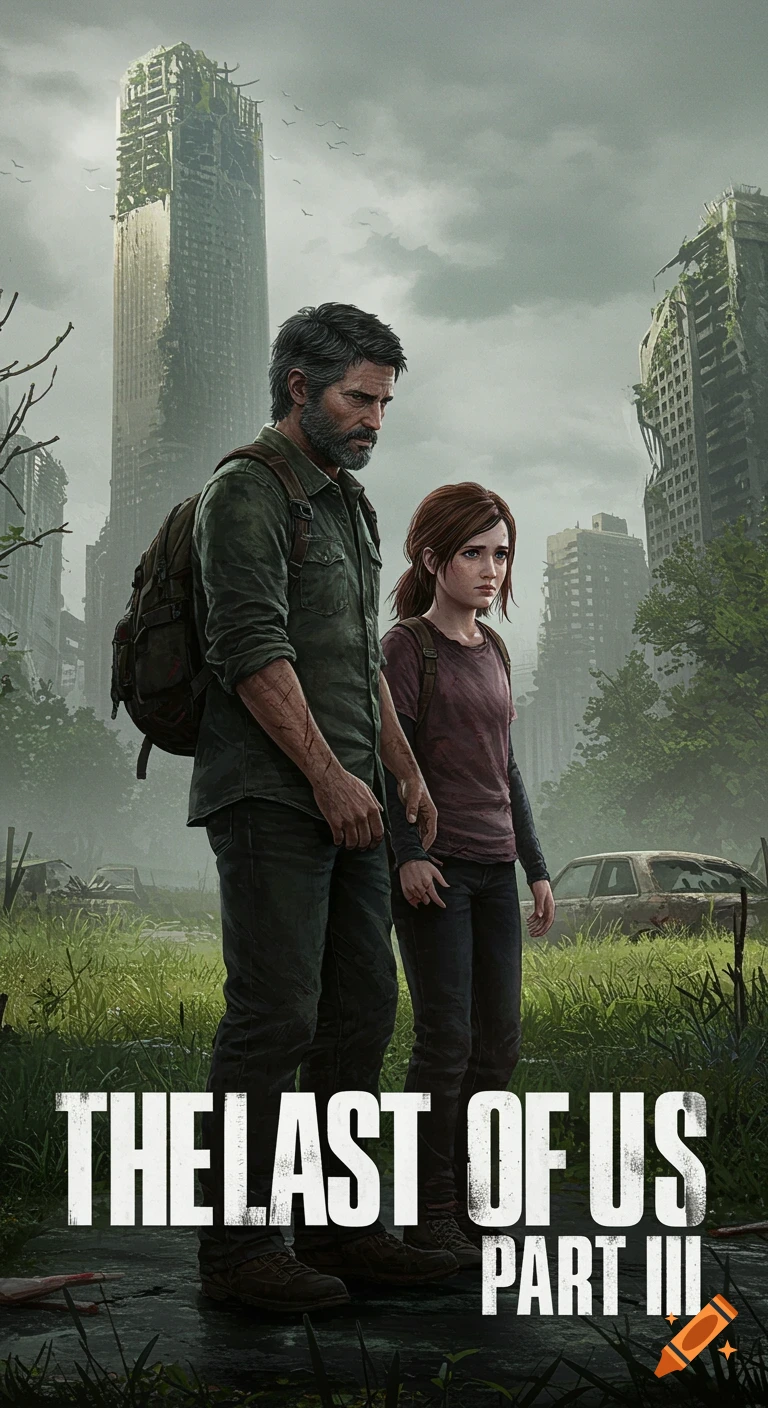 An image of Joel and Ellie walking through a ruined city landscape. The title 'The Last of Us Part III' is displayed.
