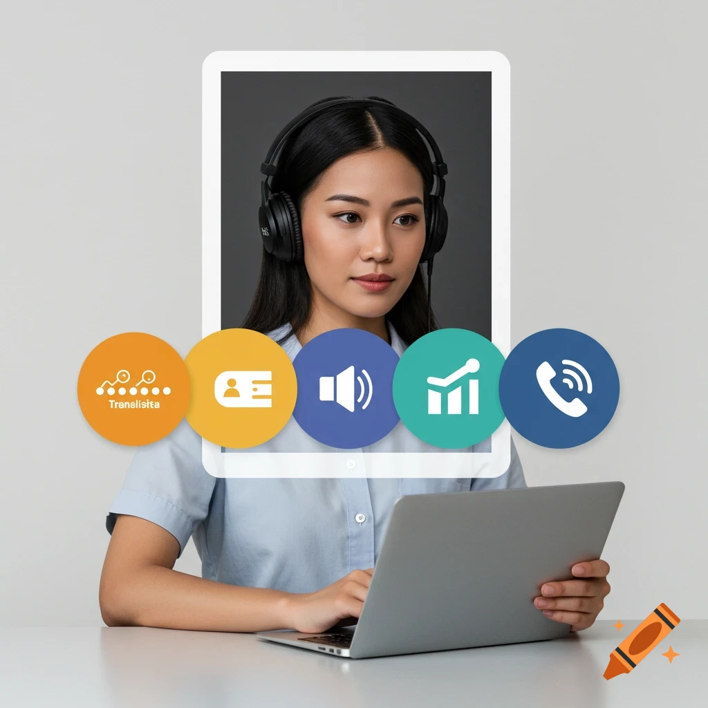 A woman with headphones uses a laptop with floating icons representing communication and technology functions.