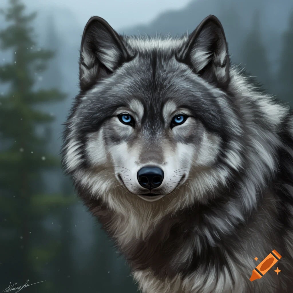Close-up of a grey wolf with striking blue eyes in a forest