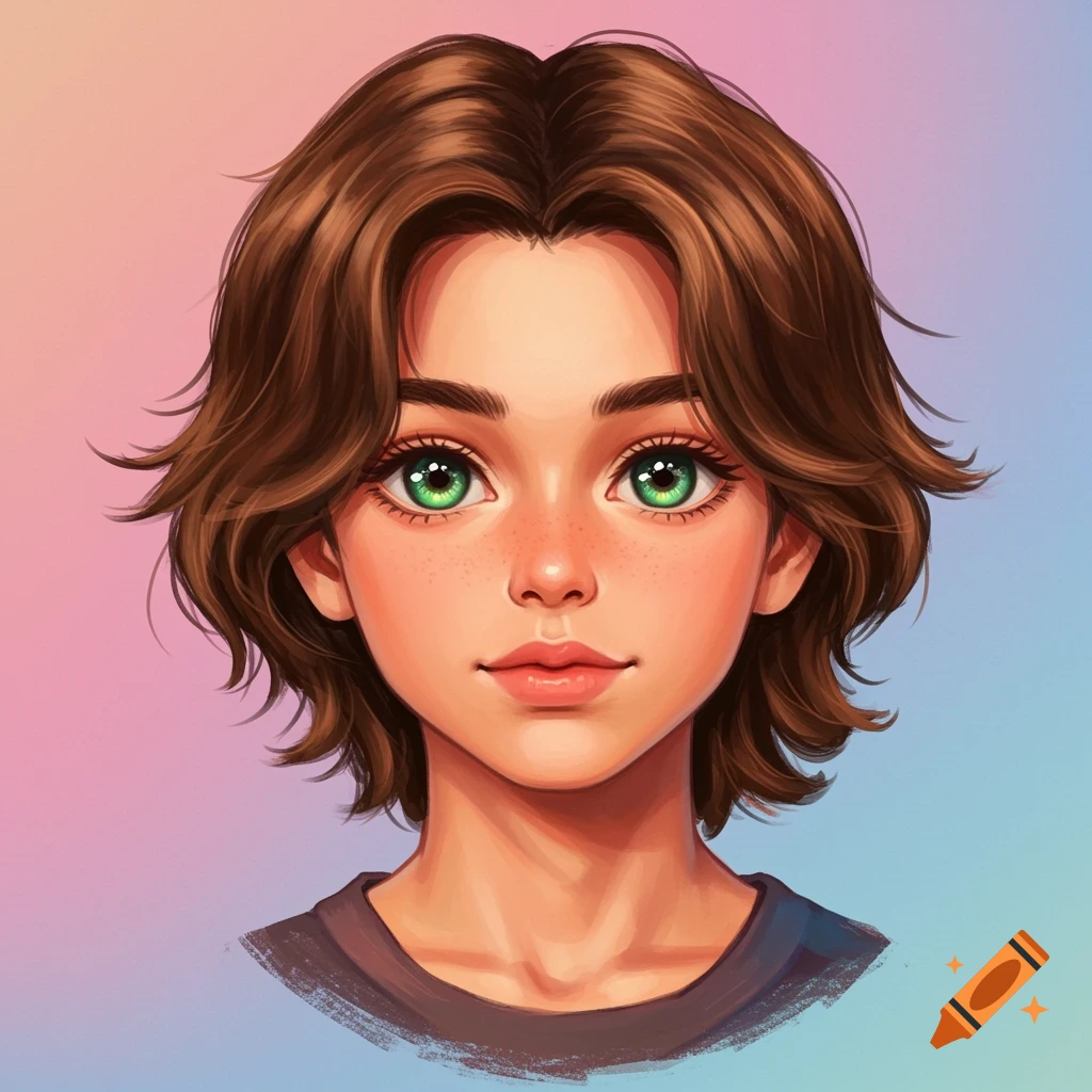 A young person with brown hair, green eyes, and freckles on a pastel background.