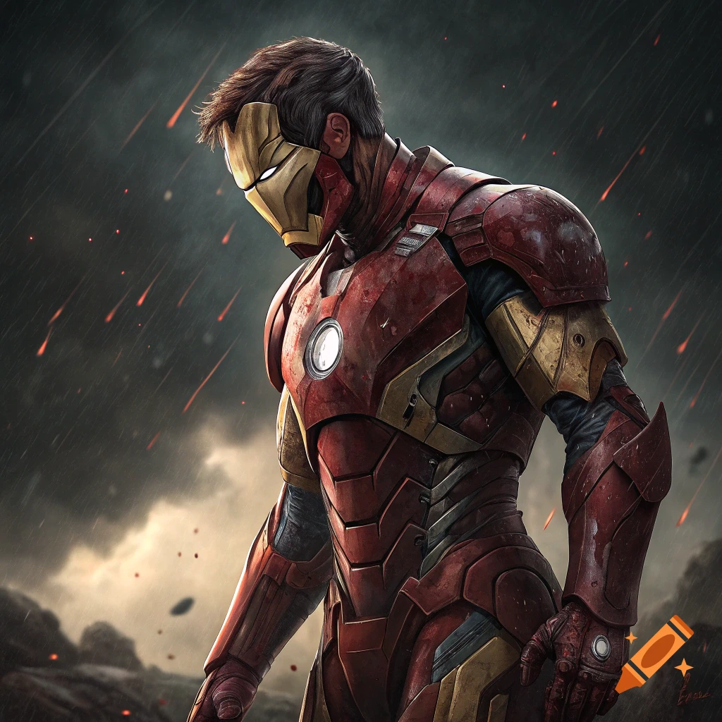 Iron Man in a damaged suit during a battle under a stormy sky