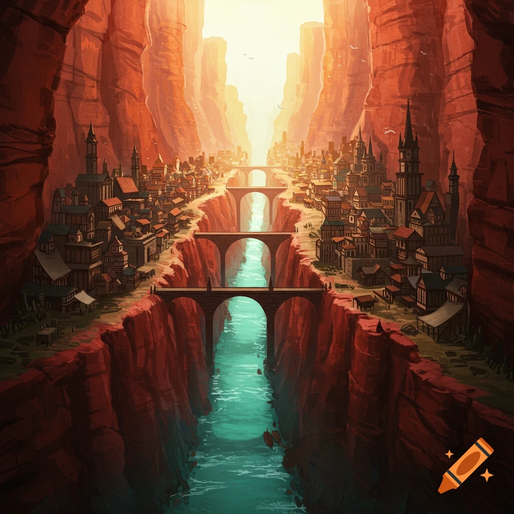 A medieval city is nestled in a red rock ravine, with bridges spanning a river.