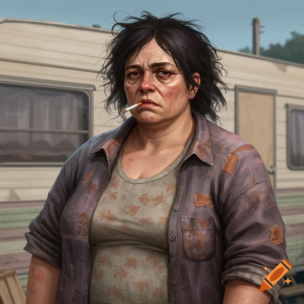 A woman with dark hair, ragged clothes, smoking a cigarette in front of a trailer.