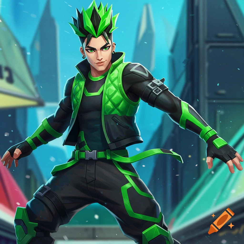 Image of a male character with green and black spiked hair and outfit in an action pose against a city background.