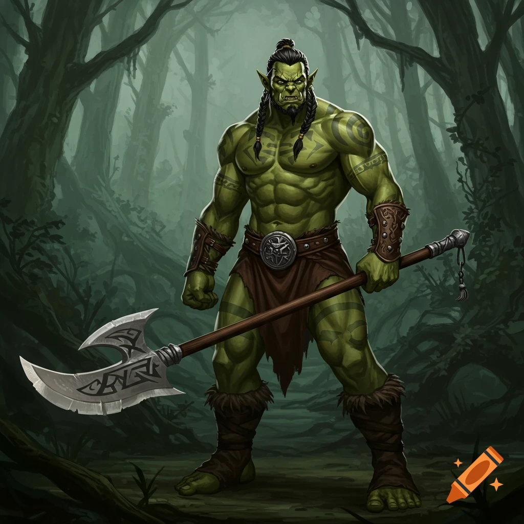 A muscular green Half-orc barbarian stands in a forest, holding a large silver-bladed glaive.