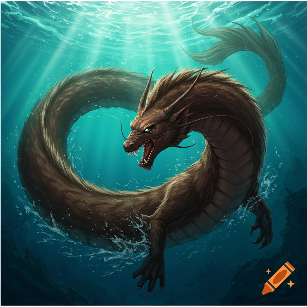 A brown sea monster with a long, scaly body swims underwater with light rays from above.