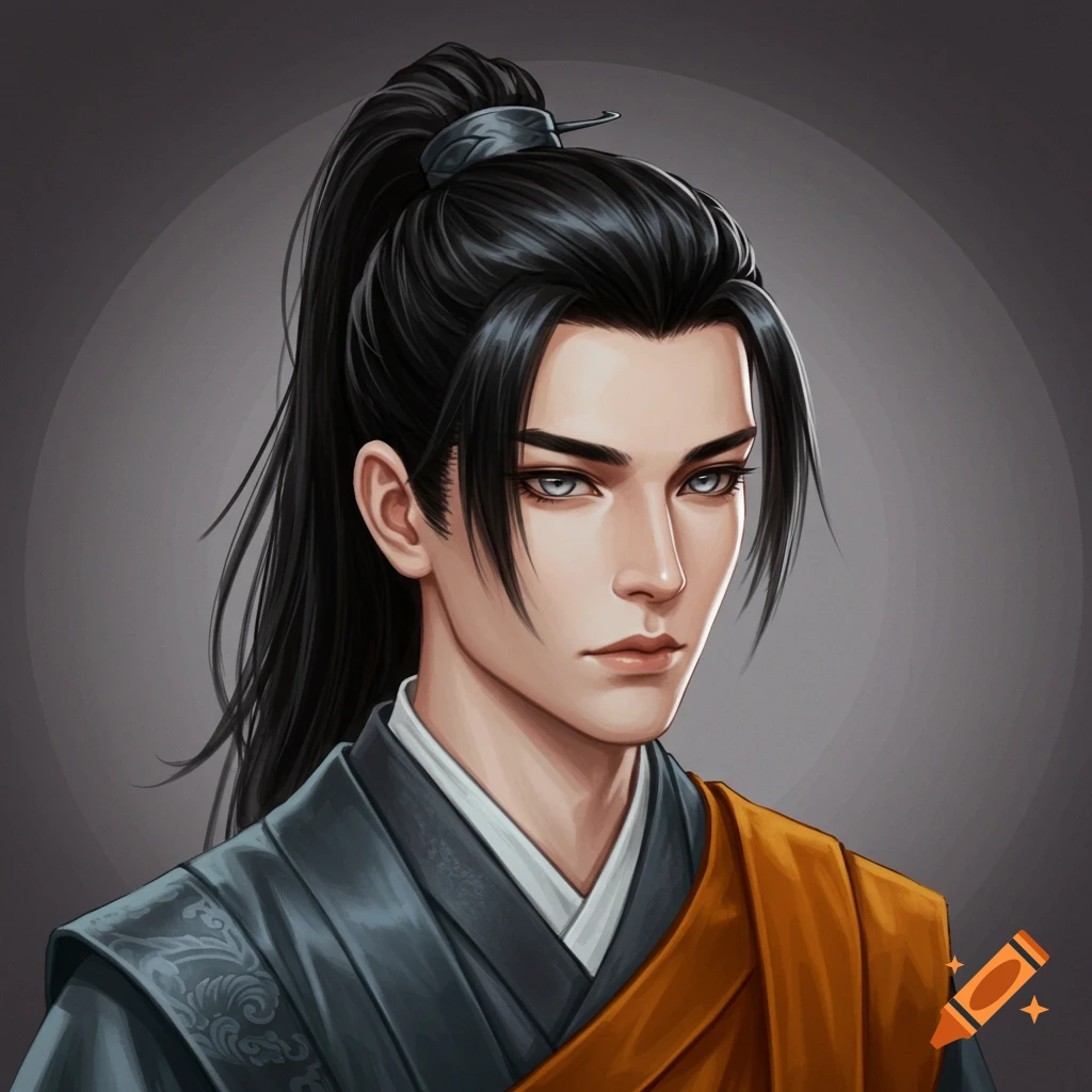 A portrait of a man in ancient Chinese clothing with a high ponytail and gray eyes.