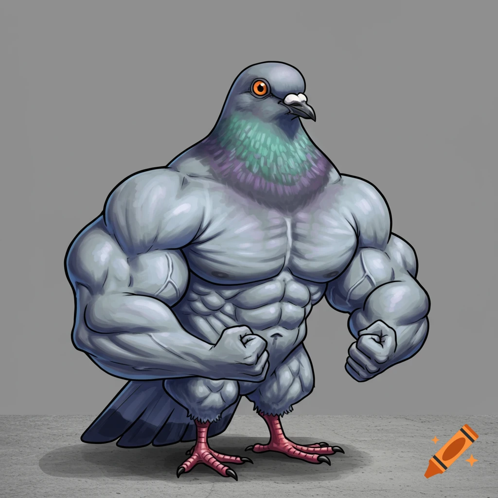 a muscular pigeon flexing its arms