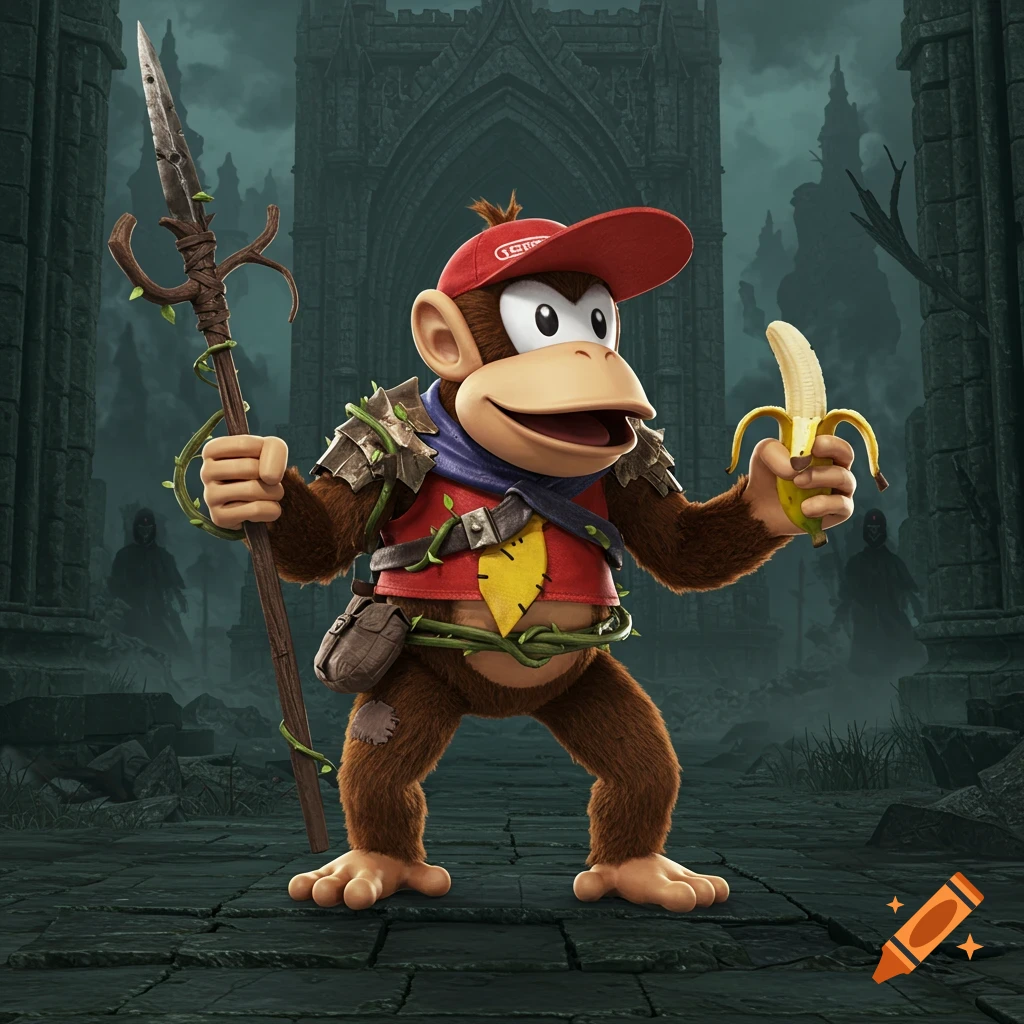 Diddy Kong wearing armor, holding a spear and banana, stands in dark gothic ruins.