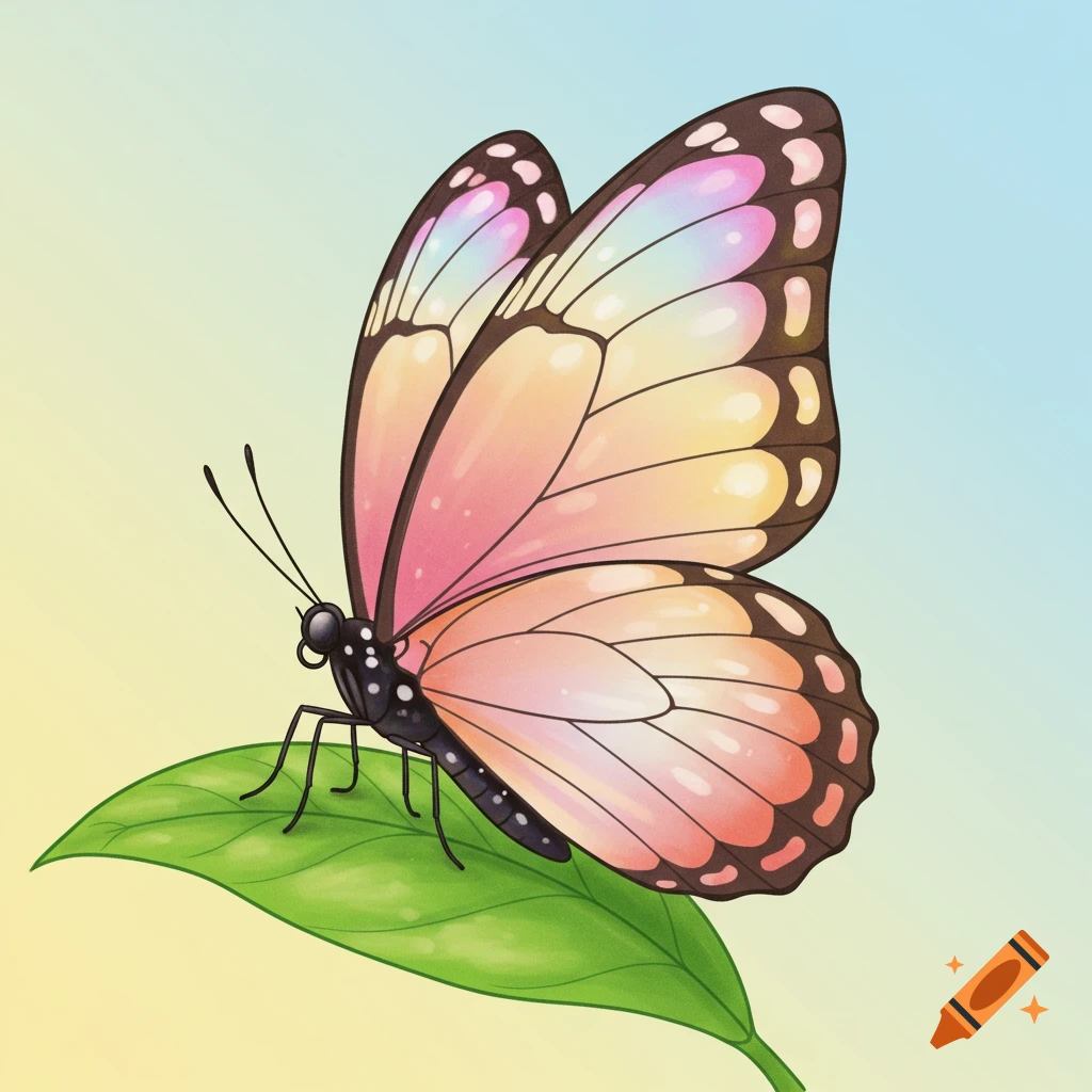 A colorful butterfly with pink, orange, and yellow wings sits on a green leaf.