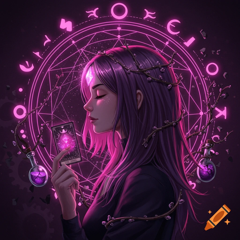 Anime woman with purple hair holds a glowing tarot card in a gothic fantasy scene with magic symbols and potions.